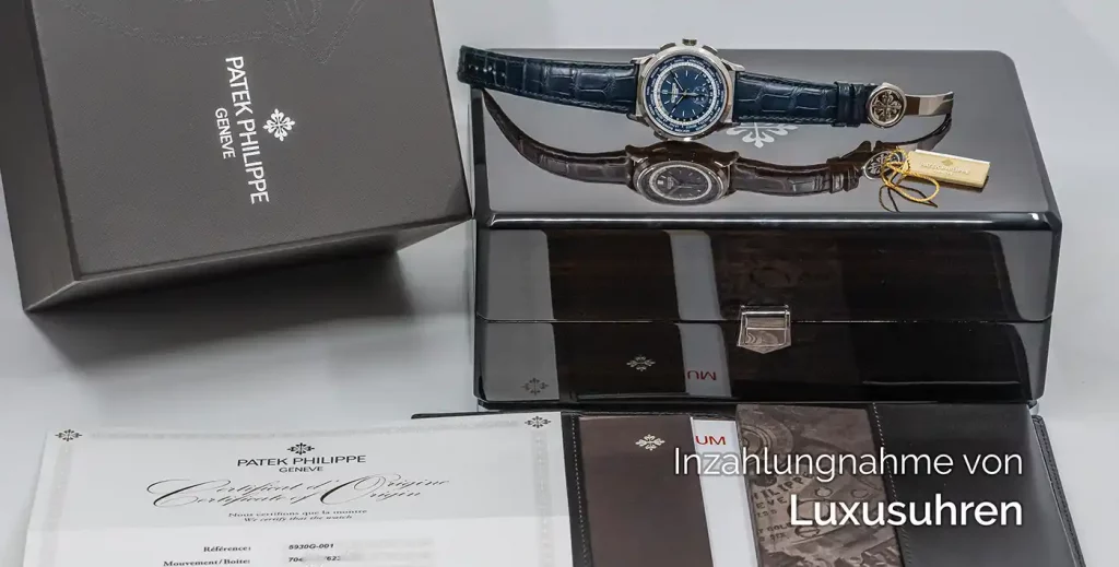 Das Foto zeigt eine gebrauchte Patek Philippe Luxusuhr auf der Original-Box